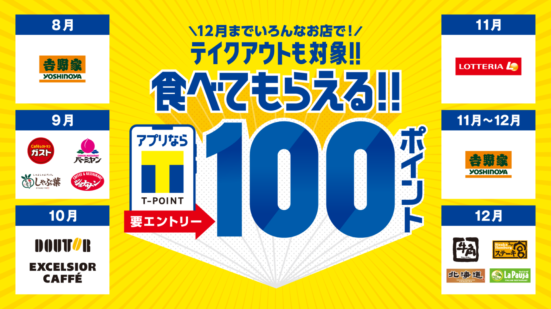 「【最大,6,000ポイント 】8月から12月まで食べてもらえる！！「モバイルTカード」で、もれなくTポイント100ポイントプレゼント！」のメイン画像