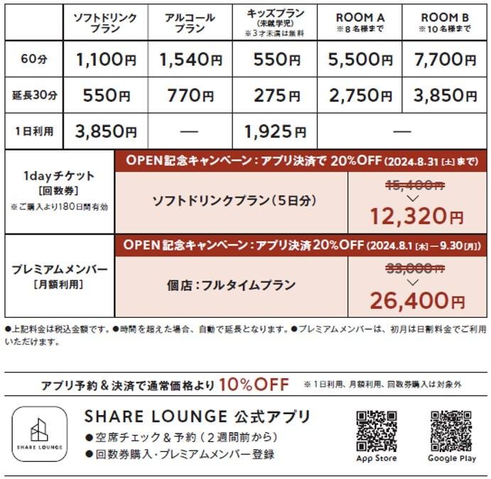 TSUTAYA BOOKSTORE イノゲート大阪 SHARE LOUNGE 料金表