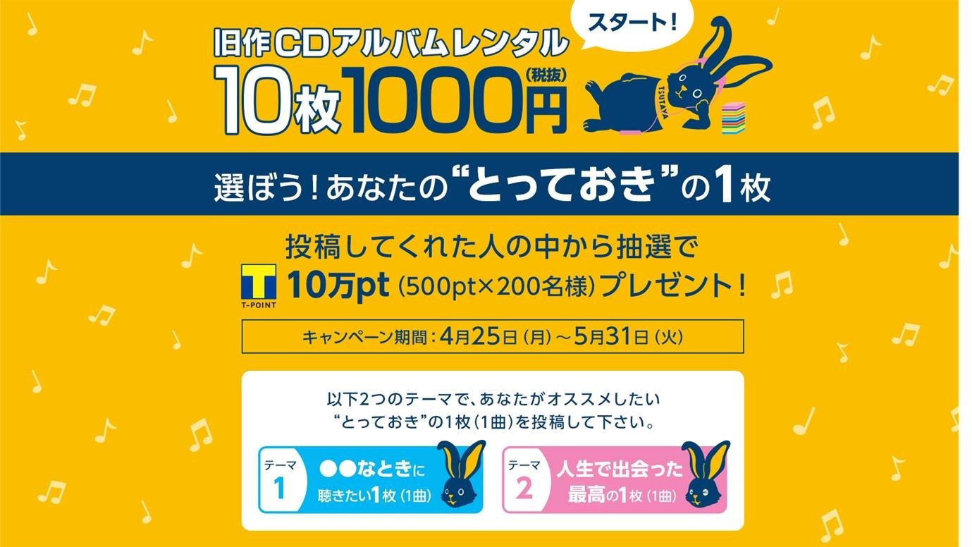 「音楽旧作CDアルバムレンタル10枚1,000円サービス」 SNS投稿キャンペーンスタートの説明画像です