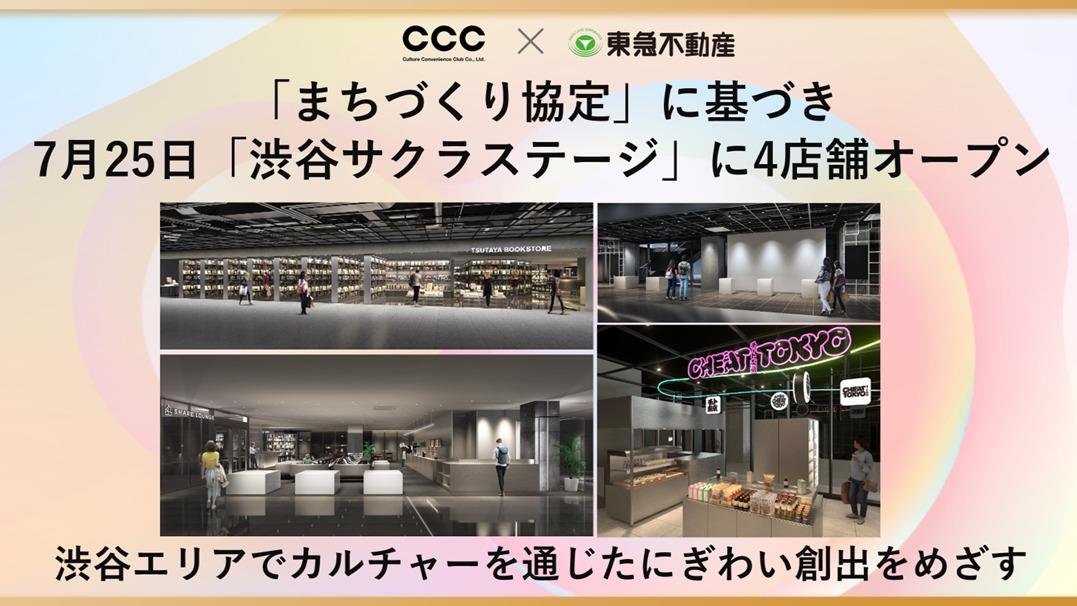 渋谷エリアでカルチャーを通じたにぎわい創出をめざす CCCと東急不動産が締結した「まちづくり協定」に基づき 7月25日「渋谷サクラステージ」に4店舗出店についての説明画像です