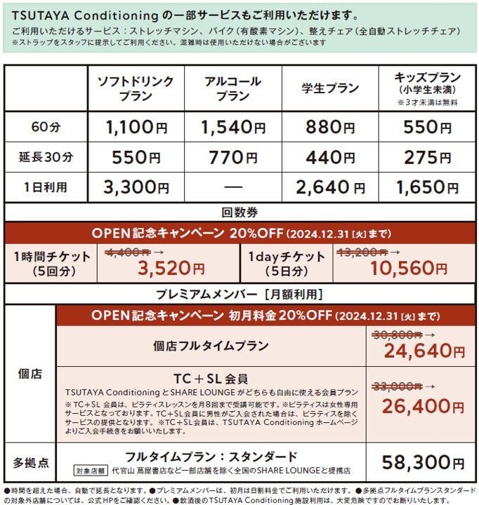 TSUTAYA BOOKSTORE 香里園 SHARE LOUNGE 料金表