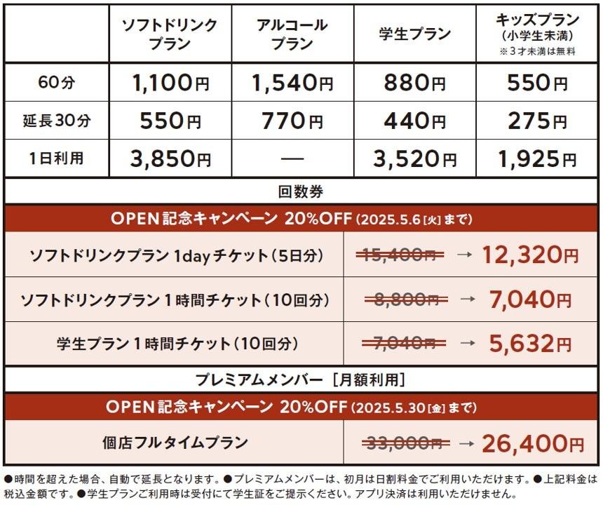 SHARE LOUNGE Olive LOUNGE成増の料金表です