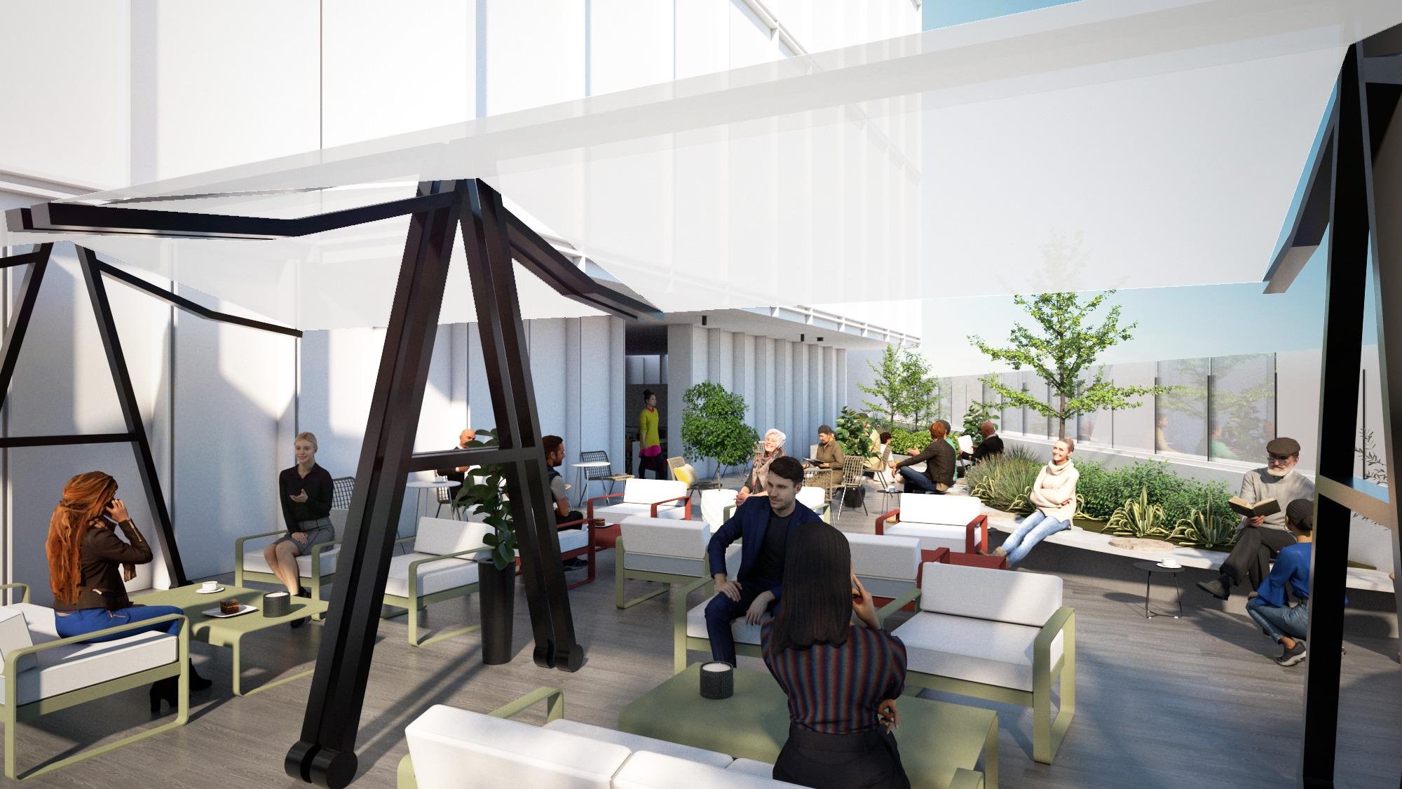 緑を感じながらリラックスできる空間は、思考を整え、新しいアイデアのきっかけを生むテラスの画像です