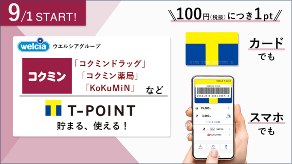 9月1日より「コクミンドラッグ」「KoKuMiN」「シルク」など 全国約170店舗でTポイントが貯まる・使える