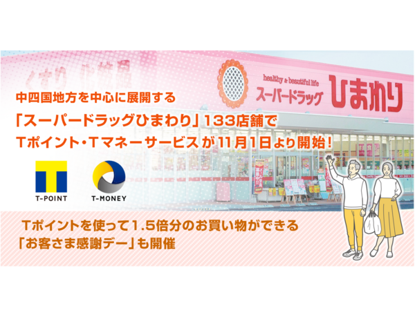 中四国地方を中心に展開する「スーパードラッグひまわり」133店舗でTポイント・Tマネーサービスが11月1日より開始！
